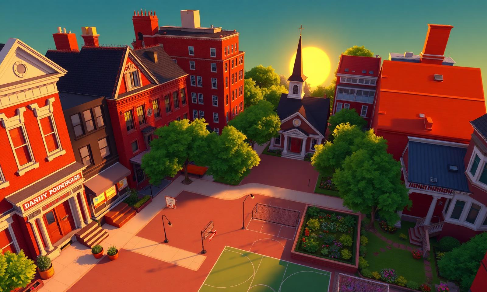 A vibrant neighborhood scene at golden hour